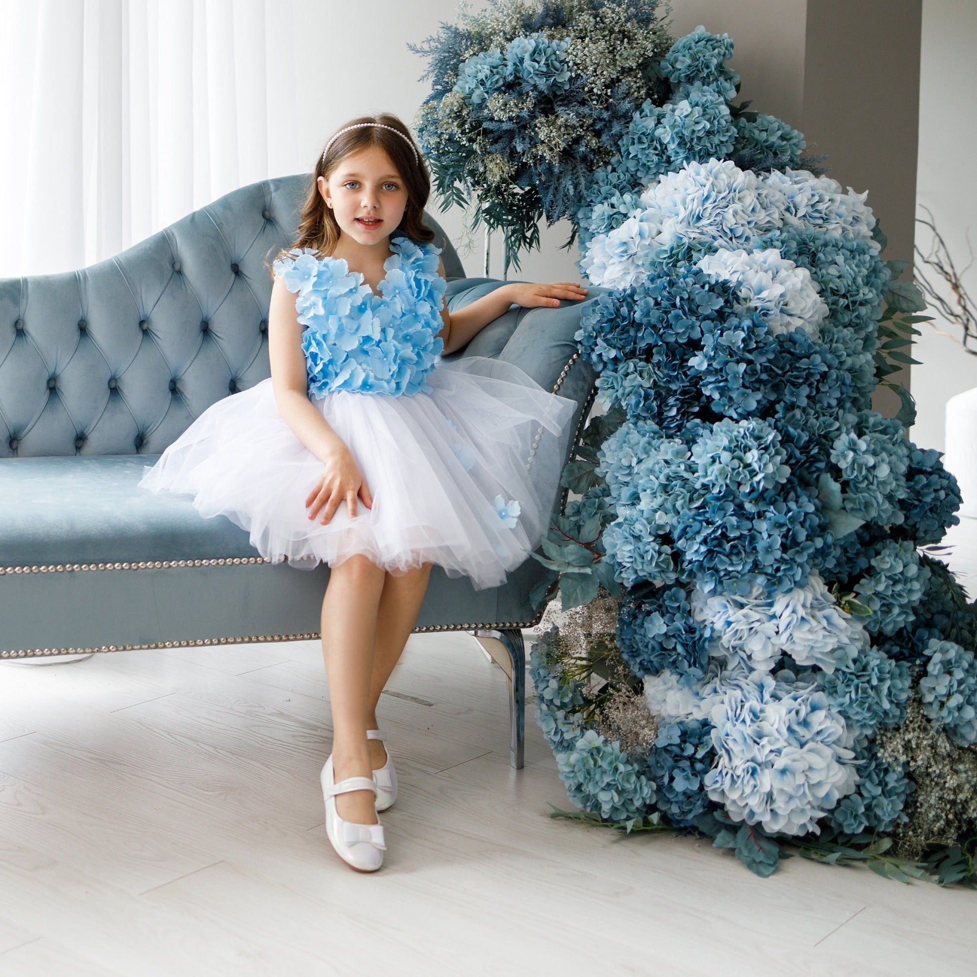 Girl Flower Dress, White Wedding Girl,  Blue Tutu Dress